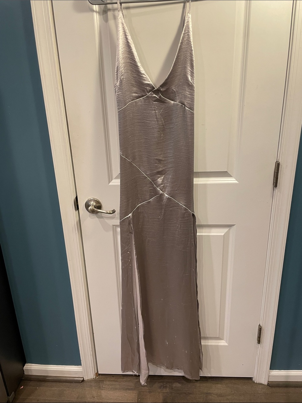 Silver liquid metallic slip dress by Solaris Style